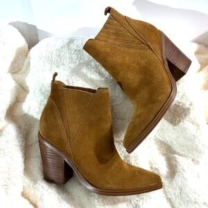 Marc Fisher Suede Western Ankle Booties Cognac Brown Block Heel Size 6.5 New